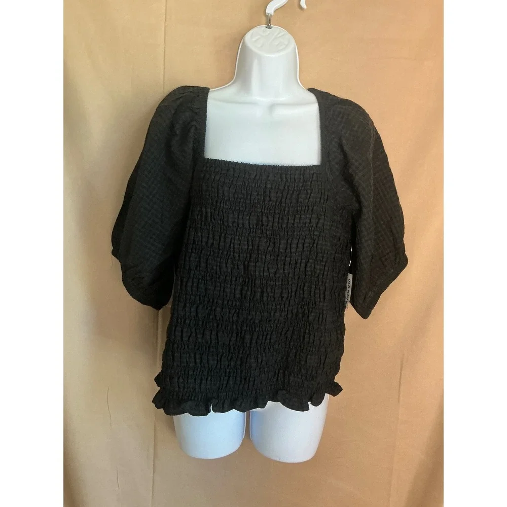 Old Navy Smocked Puff Sleeve Top Women XL Black NEW Gingham Square Neck Ruffle